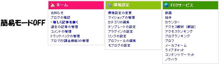 簡易モードOFF時の FC2ブログ編集機能